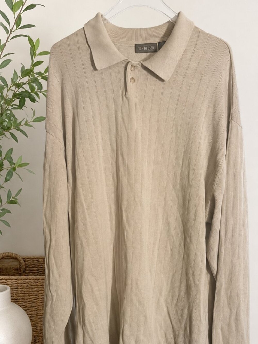 Van Heusen Men's Long Sleeve Ribbed Knit Polo Shirt Beige Cream Large L